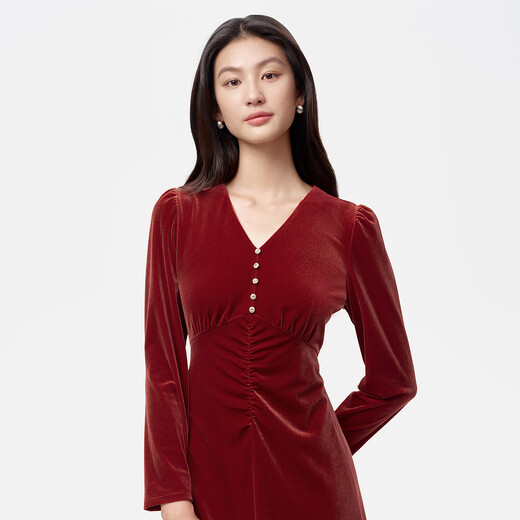 Kelaitier [multicolore] 2025 AUTOMNE NOUVEAU Tempérament de velours robe à manches longues pour les femmes rouge vif M
