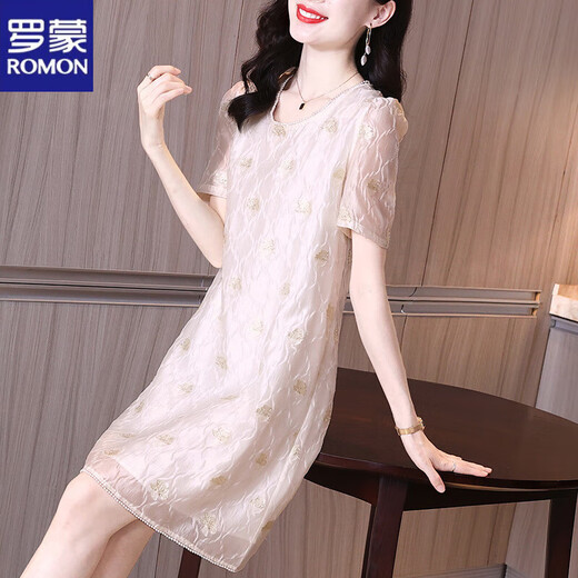 罗蒙短袖t恤连衣裙夏季新款女装欧根纱醋酸缎褶皱肌理感人丝提花刺绣 杏色 M 建议90-105斤