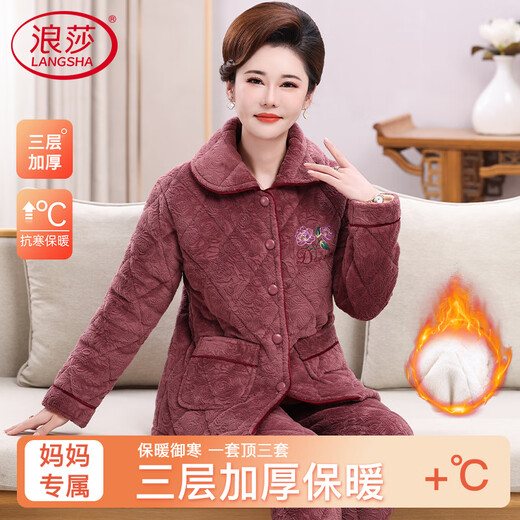 Langsha 2025 new pajamas for middle-aged and elderly women in winter, plus velvet and thickened three-layer quilted home clothes for the elderly, warm suits