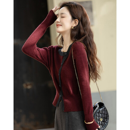 Demana Comfortable Cocoon Room Autumn Elegant Style Contrast Color Diagonal Placket Puff Sleeve Sweater Fiber Velvet Yarn Knitted Sweater Women's Top