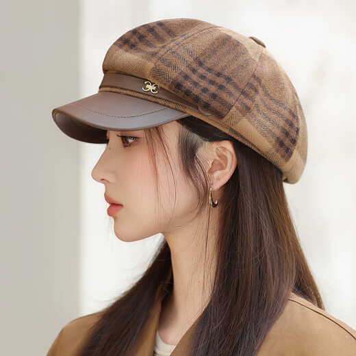 Jimmy Leaf Octagon Hat Women's Autumn and Winter Plaid Beret Casual and Versatile British Style Peaked Hat Warm Painter Hat Coffee One-size-fits-all Head Circumference 55-58CM