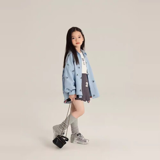 Children's shirts 2025 spring and autumn new arrival girls Korean style sweet all-over printed bow lapel shirt baby jacket trendy blue 150