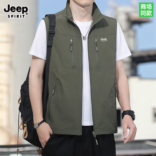 JEEP SPIRIT Jeep men's vest autumn and winter loose large size work clothes plus velvet 2025 double-sided vest outdoor fishing clothing Khaki XL