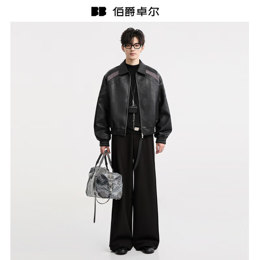 Piaget Zall Fashion Color Block Faux Leather Jacket Men's 2025 Autumn New Commuting Leather Jacket Coat Men E531422 Moon Night Black S (165)