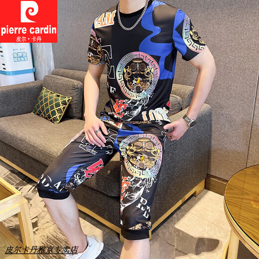 皮尔卡丹（pierre cardin）欧货短袖男装夏季潮牌潮流高端冰丝速干t恤男士穿搭一整套装痞帅T 826黑色套装 薄款 L 适合105-120斤