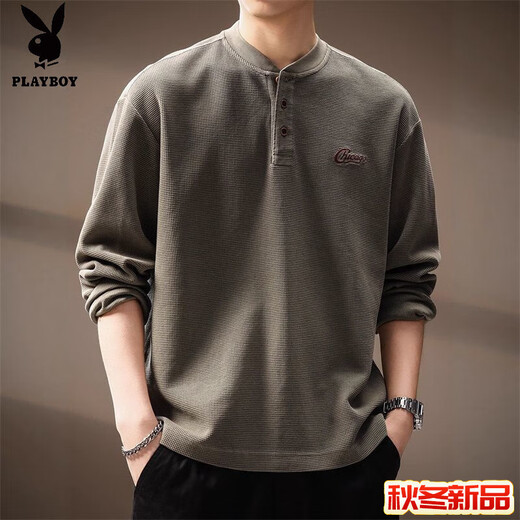 Playboy (PLAYBOY) American retro sweatshirt men's autumn new trendy brand Henry collar loose textured long-sleeved T-shirt grass green M _ Recommended 86-100Jin Jin equals 0.5 kg