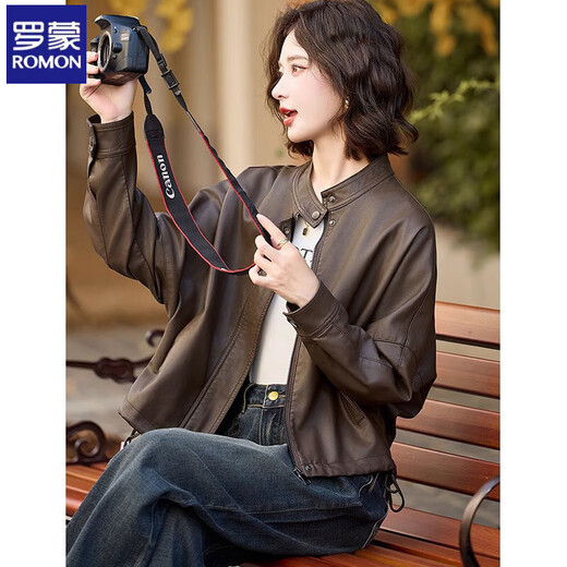 Romon Maillard Veste en cuir femme 2025 nouveau printemps et automne court ample décontracté rétro veste de moto en cuir PU haut marron S Recommandation 80-100Jin Jin est égal à 0,5 kg