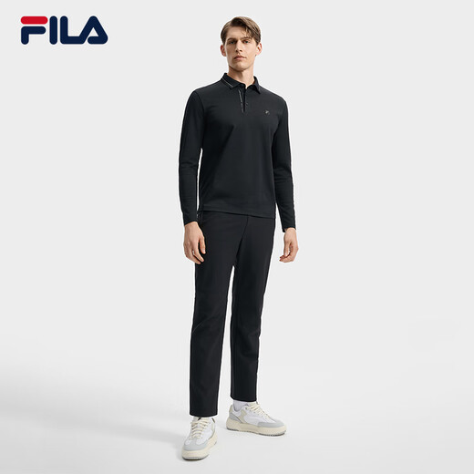 FILA Official Men's Knitted Long-Sleeved POLO Shirt 2025 Autumn New Fashion Casual Basic Top True Black-BK M 170/92A/M