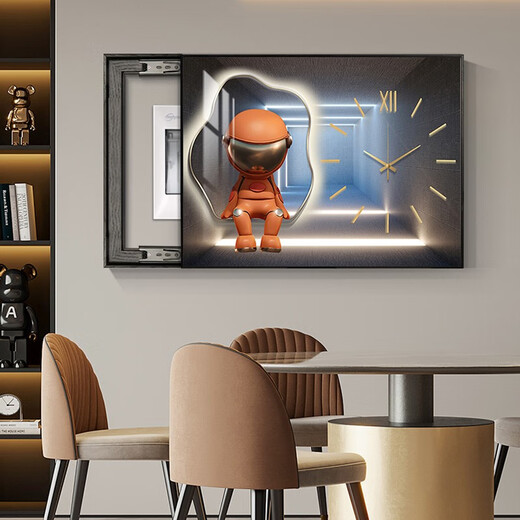 
Chengzi Light luxury electric meter box decoration painting with clock distribution box cover without holes Modern simple hanging painting Astronaut clock K11968 60*45cm (block 50*35) black frame with cover