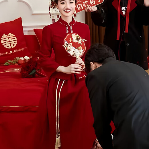 Pierre Cardin New Chinese Toast Wear 2025 Autumn New Style Little Bride Xiuhe Wear High-end Temperament Engagement National Style Dress Burgundy L