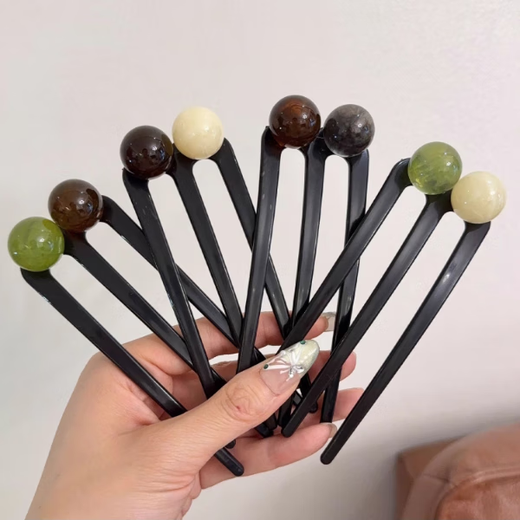 Beaded three-tooth U-shaped hairpin for women, new Chinese style 2025 new high-end ball head hairpin hairpin, hairpin for women, U-shaped hairpin - black - 1 piece