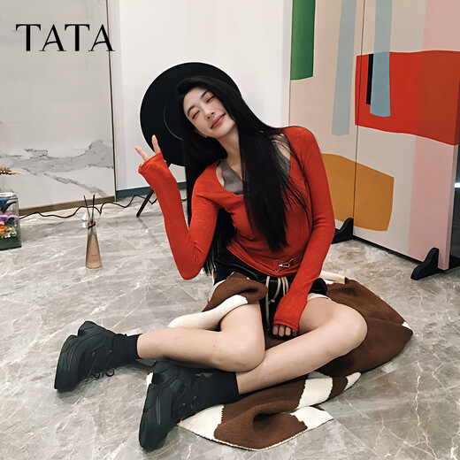 
Heshe (TATA) Sun Leyan same style of Meow Claw Boots for Women's Socks Boots Thick Sole Thin Slim Boots Elastic Short Boots CEG08DZ5 Black 35