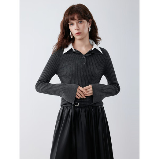 ELLE French high-end sheep wool textured sweater for women 2025 autumn new simple slim sweater dark gray S