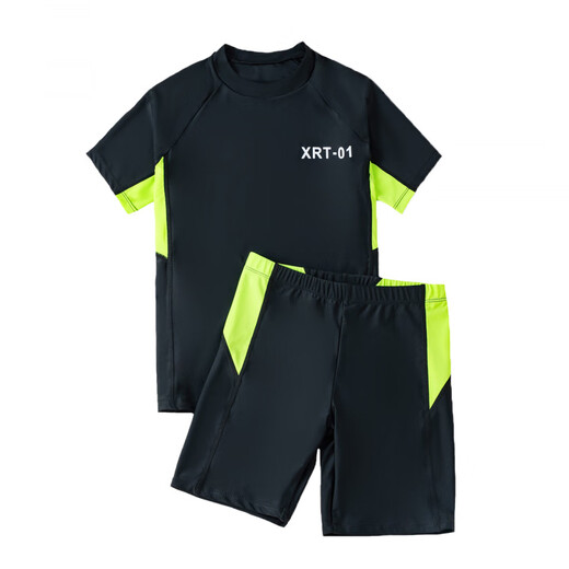 MilletPepper swimming suit for young men, one-piece swimming trunks, black, middle and large children, primary school students, junior high school training students, green + green hat + swimming goggles, nose clip, earplugs + swimming bag S (45-60Jin Jin is equal to 0.5kg)