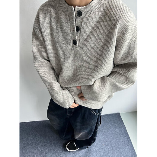 Muwei American retro Henry collar cardigan sweater men's autumn and winter style lazy high-end casual versatile knitted top Gray M recommended 90-110Jin Jin equals 0.5 kg