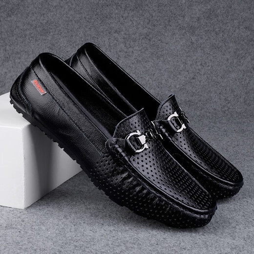 Genuine leather beans shoes Korean style men's casual leather shoes soft sole men's shoes fashionable breathable business lazy shoes men's trendy shoes Mingtao 9905 black (hollow style) 40