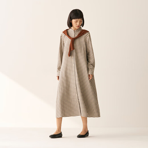 
MUJI women's flannel stand collar long sleeve dress women's skirt cotton dress 25-year autumn new product light beige check L (165/88A)