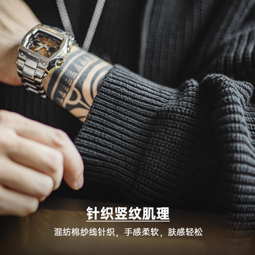 Maden Workwear American Casual Henley Collar Knitted Hooded Sweatshirt Loose Lazy Style Pullover Top Men's Spring Quiet Black_Loose and Large L