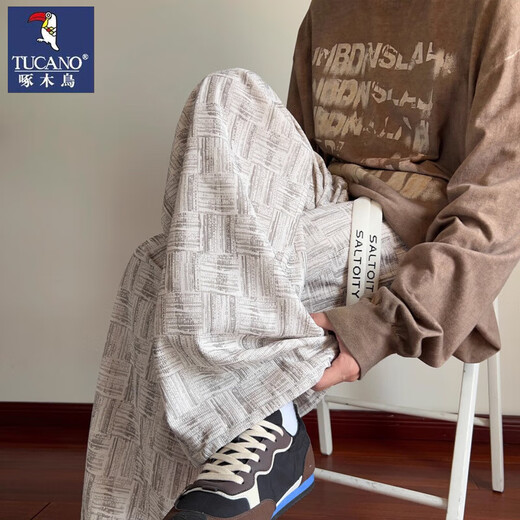 Woodpecker Casual Pants Men's 2025 Autumn New American Retro Plaid Heavy Pants Loose Straight Wide Leg Sports Pants Black XL 65kg-75kg