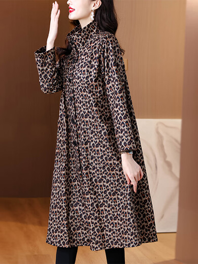 Homesee International Light Luxury High-end Windbreaker 2025 New Medium and Long Leopard Print Windbreaker Jacket Women's Long Sleeve Fashionable Leopard Print M