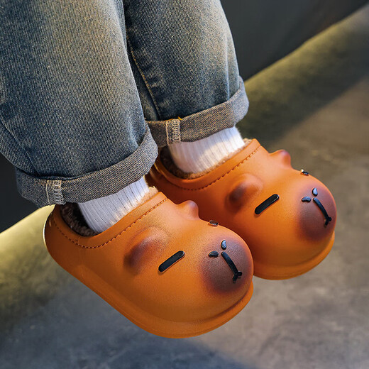 Kapibara children's cotton slippers feel like stepping on poop, boys' winter cute non-slip indoor bathing soft-soled baby slippers, upgraded version of environmentally friendly material desert gray slippers, size 12 35/36 (shoe inner length 21CM, suitable for feet 20