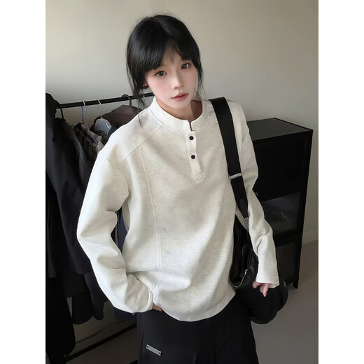QGF Henry collar right shoulder long-sleeved T-shirt men's autumn and winter deconstructed plus velvet American warm heavyweight sweatshirt base layer white gray regular XL recommended 110-130Jin Jin equals 0.5 kg