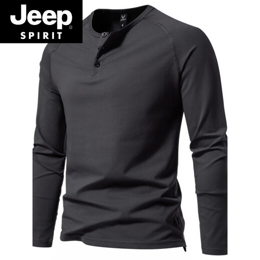 JEEP SPIRIT Jeep Autumn Men's Pure Cotton Henry Collar Long Sleeve T-Shirt Youth Simple Elastic Slim Solid Color Versatile Bottoming Shirt Army Green M (100Jin Jin is equal to 0.5kg -115Jin Jin is equal to 0.5kg)