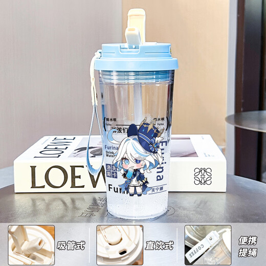 Jiuyao Nasida figure Genshin Impact Cartoon Large Capacity Sports for Students, Men and Women Plastic Anti-fall Straw Water Cup BXAO15941 Dada Three Drink Design [500ML Blue]-Painted Print
