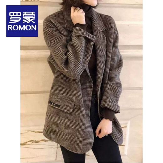 ROMON plus size women's 2025 spring and autumn style plaid suit woolen coat thickened quilted mid-length woolen coat brown 3XL (recommended 160-180Jin Jin equals 0.5 kg)