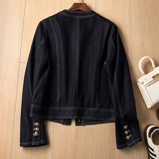 Sibaishe Denim Jacket 2025 Autumn New Women's Fashion Loose Style Slim Single Breasted Washed Long Sleeve Round Neck Top Dark Navy One Size
