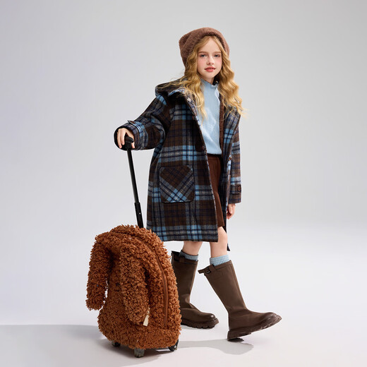 ASK JUNIOR children's coat 25 winter medium and large children's college style hooded coat girls plaid contrast wool coat