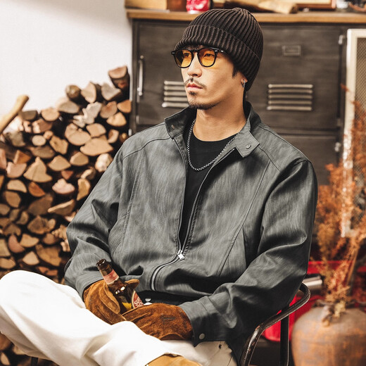 Jay Leno American retro deconstructed motorcycle leather jacket men's spring and autumn 2025 new trendy brand street tough guy handsome leather jacket gray M suitable for 100-125 Jin Jin equals 0.5 kg