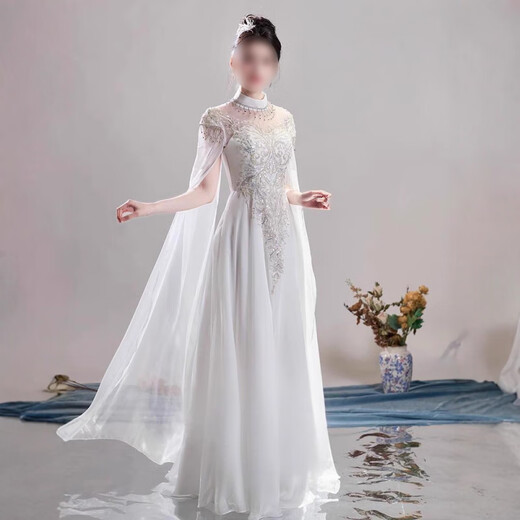 Timochi guzheng performance clothing Hanfu folk music performance dress Chinese style female white student art exam chorus fairy skirt long white L