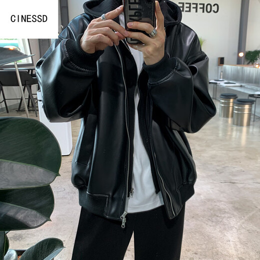 CINESSDMrcyc leather jacket men's high-end fake two-piece patchwork hooded jacket Korean loose fashion brand workwear black L