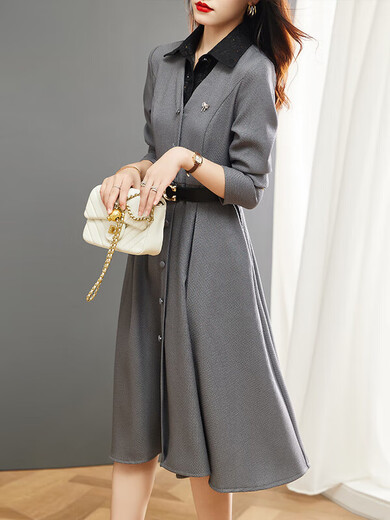 Nosskiss Luxus High-End-Marke Langarmed Kleid für Frauen 2025 Herbst und Winter Neues High-End-Temperament Slim und Chic Shirt Rock Grey L.
