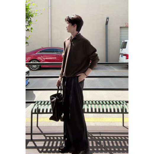 Brown Henry collar knitted Polo shirt for men, autumn style loose wide-leg trousers suit, light gray knitted sweater, upgraded version 2XL