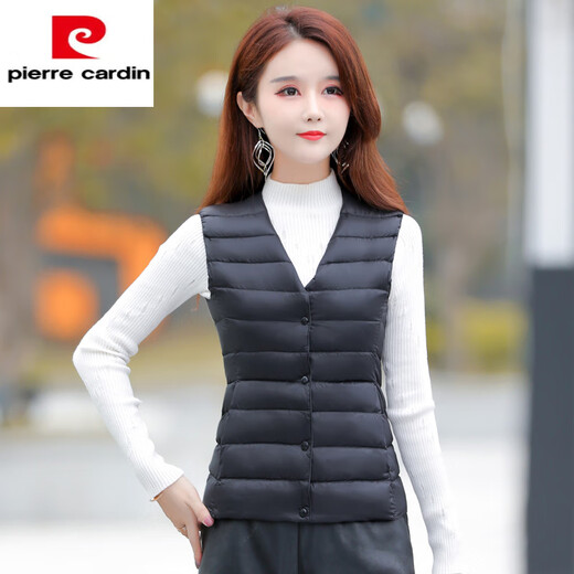 Pierre Cardin Autumn and Winter Down Vest Women's Short Slim Fit Thin Warm Lined Vest Close-fitting Inner Waistcoat Fashion Basement Black S