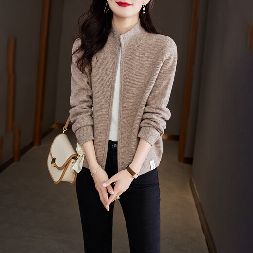 Shexi (Srcr) 100% wool sweater thick knitted wool cardigan for women autumn and winter short casual zipper sweater jacket