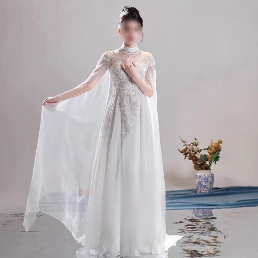 Timochi guzheng performance clothing Hanfu folk music performance dress Chinese style female white student art exam chorus fairy skirt long white L