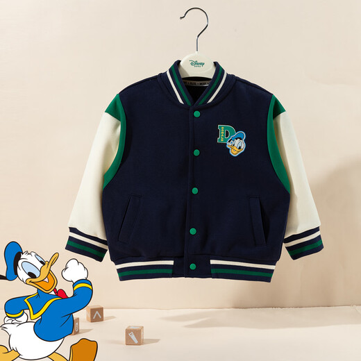 迪士尼秋季童装男童学院风时尚休闲卡通外套舒适保暖耐磨夹克 藏青 110