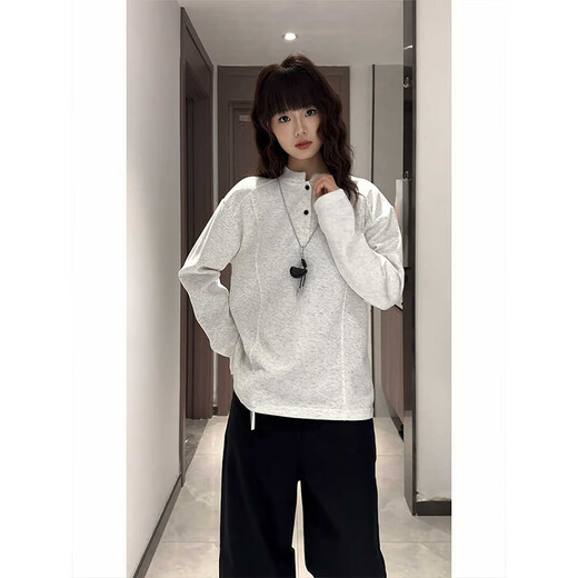 Katuchi Henry collar long-sleeved polo shirt for men in autumn American deconstructed splicing right shoulder sweatshirt boxy version inner base light gray L