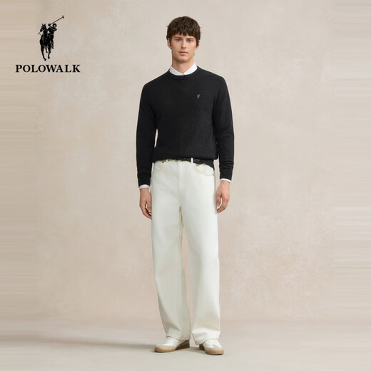 POLOWALK 100% sheep wool men's wool sweater 2025 winter new round neck pullover base layer black gray XL