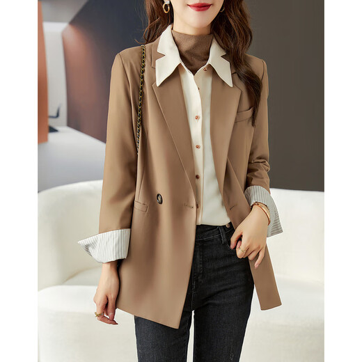 Lost Time Casual Small Blazer Women's 2024 Autumn New Style Small Contrast Color Turn-Sleeve Top Coffee XL