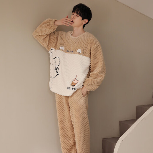 LangSha couple pajamas, one man and one woman, winter coral velvet thickened warm cartoon cute casual wearable home clothes winter 9018 couple M female + L male