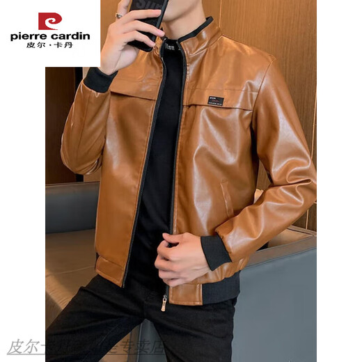 
Pier Cardin men's leather jacket autumn new trendy handsome motorcycle leather jacket stand collar slim regular casual leather jacket BB99 BB9923 [Black] thin M