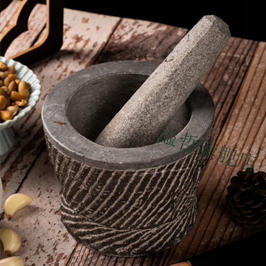 Yichen natural bluestone handmade garlic mortar, jar grinder, garlic masher, garlic peeler, garlic press, stone mortar, stone garlic pounder, handmade bluestone large stone mortar