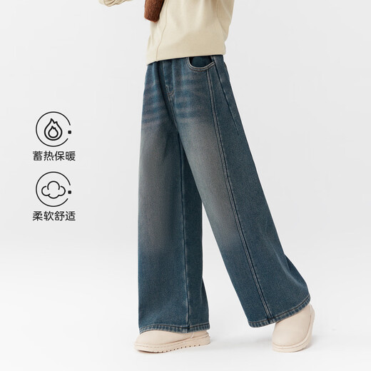 Zuoxi Girls' Velvet Jeans Winter Warmth 2025 New Medium and Large Children's Straight Pants Children's Pants Denim Color 150