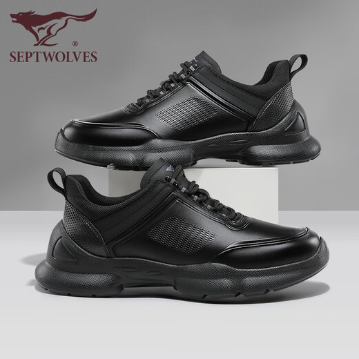 Siete lobos zapatos para hombres de otoño e invierno Nuevos zapatos casuales de cuero genuino para zapatos deportivos de suela gruesa para hombres para la capa de techo de cuero de vaca de cuero suave y versátiles negros 9793 42