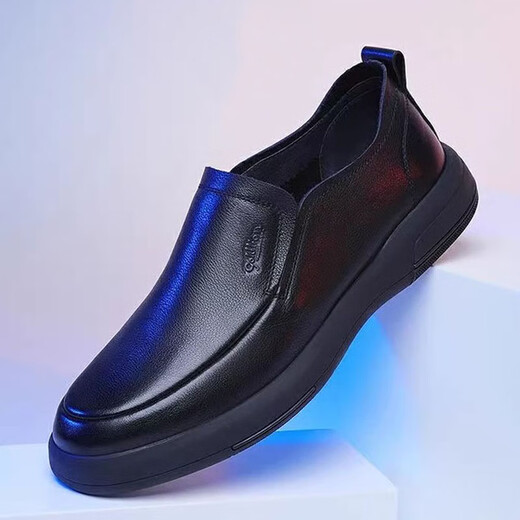 Goldlion men's shoes autumn round toe cowhide business casual leather shoes black men's genuine leather soft sole soft surface dad shoes black slip-on 40