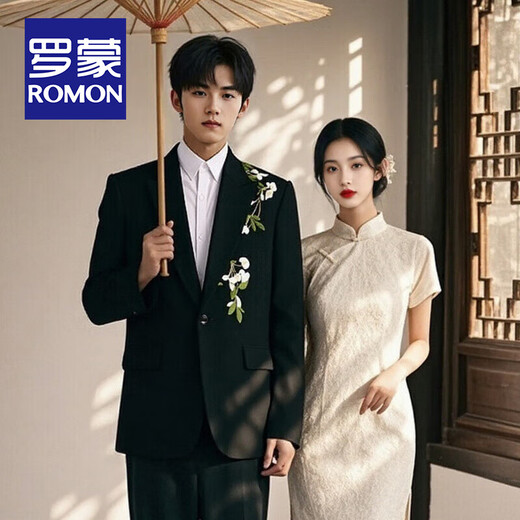 ROMON Chinese style camellia embroidered single button suit suit for men Korean style groom wedding banquet new Chinese style single suit black jacket + pants + stand collar shirt 2XL (recommended 171-195 Jin Jin equals 0.5 kg)